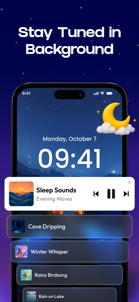 White Noise Sounds For Sleep - ホワイトノイズと睡眠サウンドのバックグラウンドオーディオプレイヤーを示すiPhoneロック画面