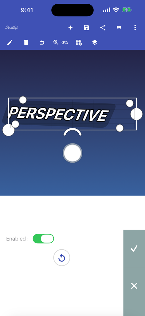 PixelLab app interface for adjusting text perspective on a blue background
