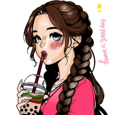realistic girl with braided hair drinking boba