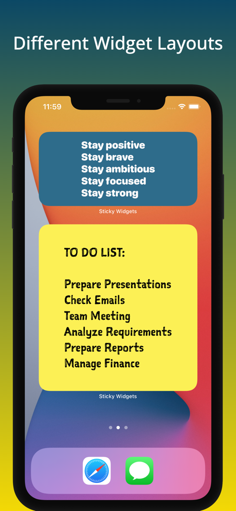 iPhone home screen showing colorful sticky note widgets with a to-do list and motivational text