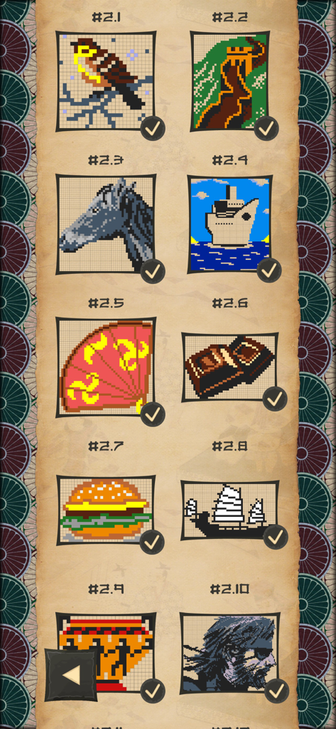 Un menu di puzzle nonogramma completati che mostrano vari disegni di pixel art.