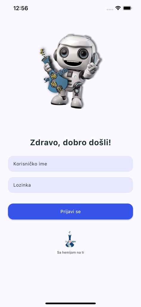 Sa Hemijom Na Ti - Login screen for the Sa Hemijom Na Ti chemistry education app featuring a robot mascot holding a chemical flask