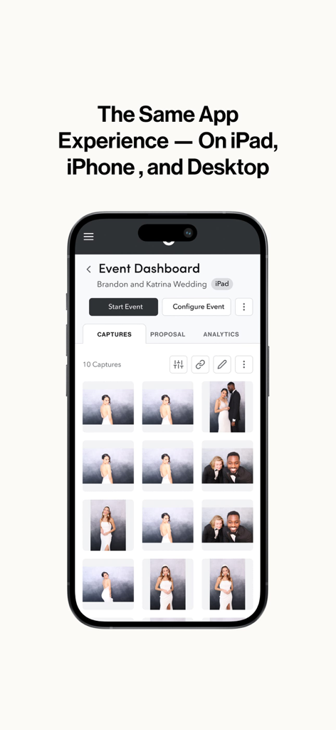 Fiesta: Photo Booth Software - Fiesta photo booth software event dashboard showing wedding photo captures on iPhone
