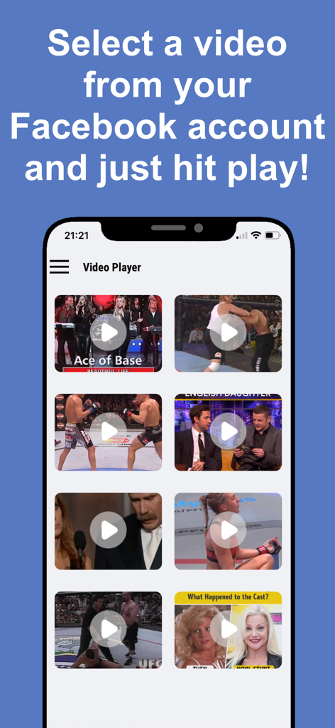 Écran de smartphone affichant une grille de vignettes vidéo dans l'application Lecteur Vidéo pour Facebook