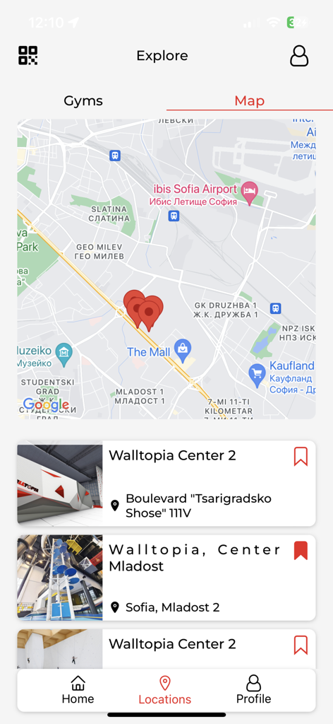 ewalls 앱에서 클라이밍 짐 위치 지도와 센터 세부 정보를 보여주는 모바일 화면