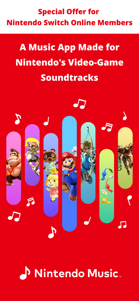 Promotional screen for Nintendo Music featuring iconic characters like Mario, Link, and Samus with musical notes on a red background.