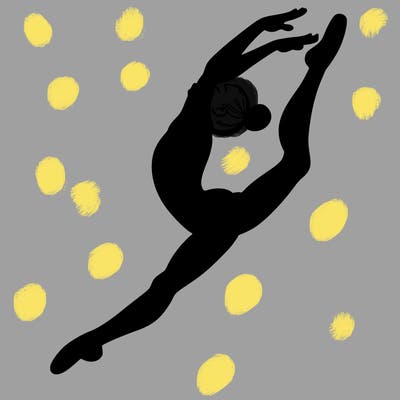 gymnast doing a leap in a leotard with a bent back leg