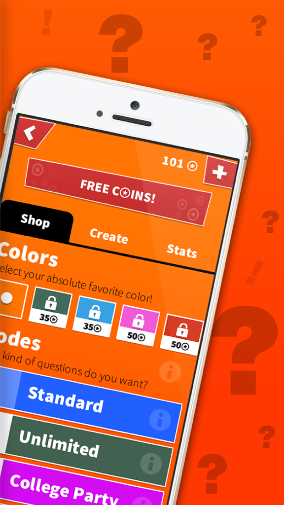 What Ifアプリのショップメニューとカラーオプション、ゲームモードが表示されたiPhone画面