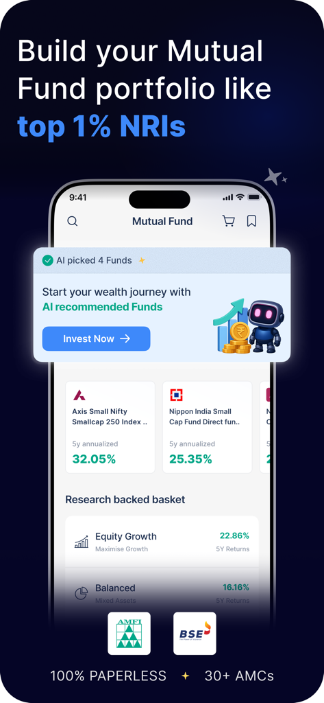 SBNRI: NRI Mutual Fund & SIPs - SBNRI mobile app interface for NRIs showing AI recommended mutual fund portfolios and paperless investment options