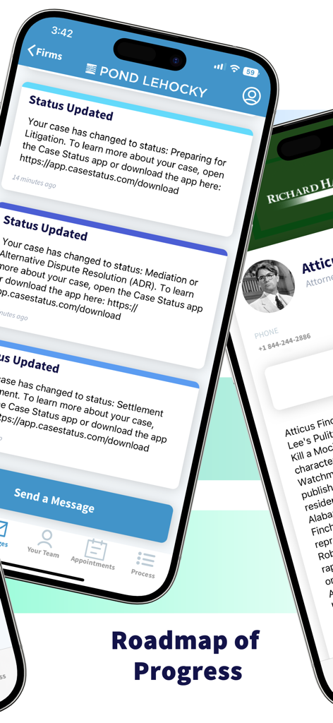 Case Status - Case Status app displaying a roadmap of legal case updates and litigation progress