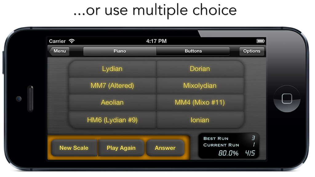 goodEar Pro - Ear Training - Multiple choice interface in goodEar Pro for identifying musical scales like Lydian and Dorian.