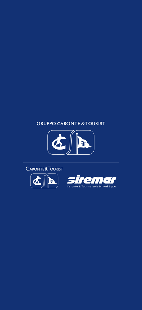 Schermata di avvio dell'app Caronte e Tourist con i loghi delle compagnie Caronte & Tourist e Siremar su uno sfondo blu.