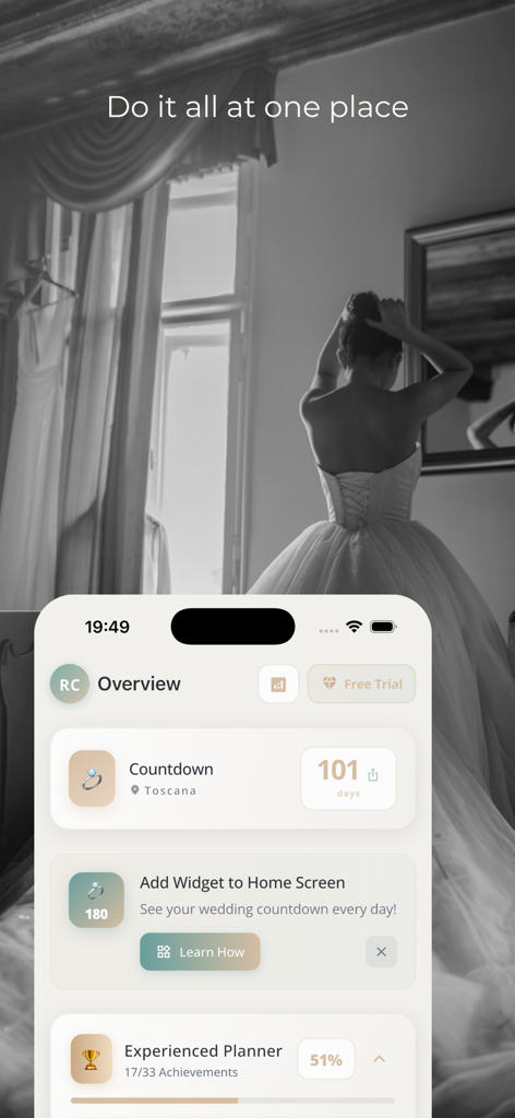 PlanWed app overview screen showing wedding countdown and planning achievements