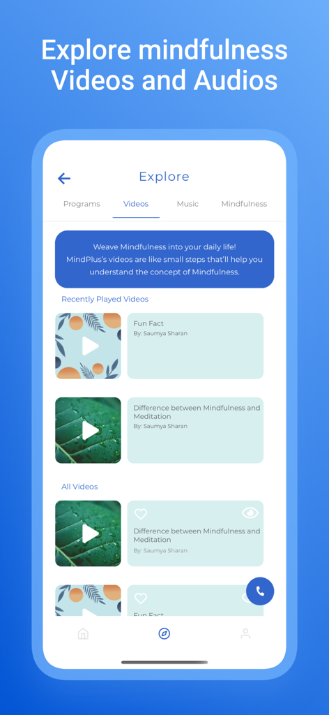 MindPlus - The Explore screen of the MindPlus app showcasing various mindfulness videos and audio programs for stress management.