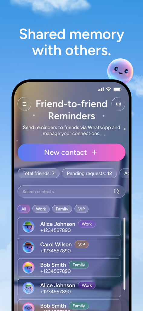Memorae - Interface of Memorae app showing the friend-to-friend reminders screen and contact list with labels for work and family.