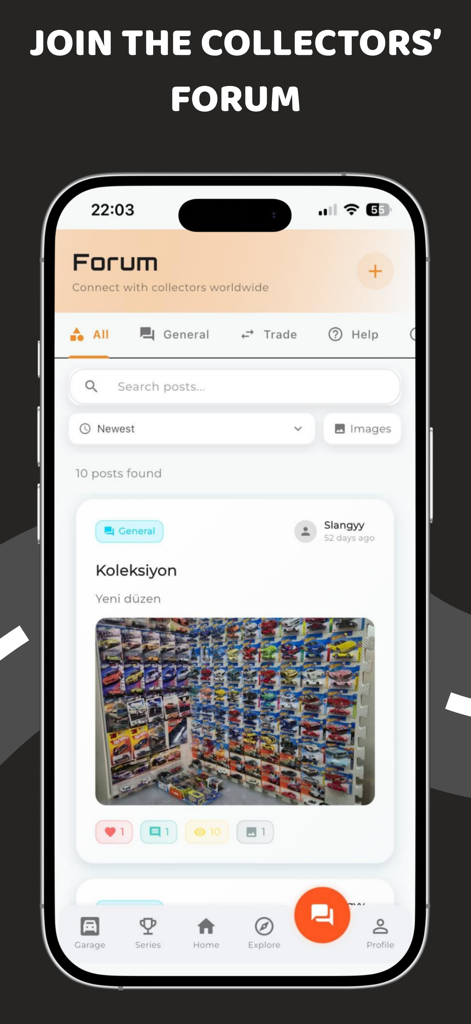 Community forum interface in the Diecast Hub app showing a social post with a large collection of diecast cars.