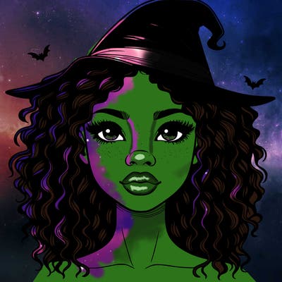 realistic black girl with wavy hair and witch hat and nose and lips