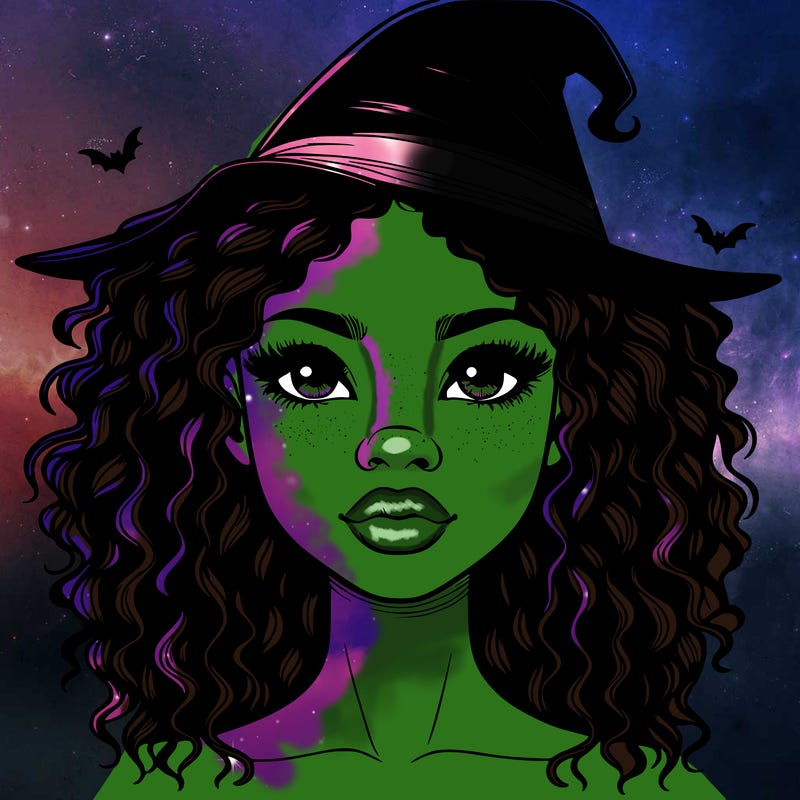 realistic black girl with wavy hair and witch hat and nose and lips