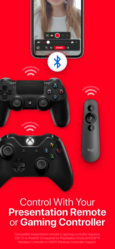 Video teleprompter app showing compatibility with gaming controllers and presentation remotes