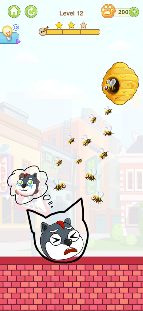Help the Dog: Brain Puzzles - Gameplay screenshot of Help the Dog Brain Puzzles showing a dog being protected from a swarm of bees by a drawn line