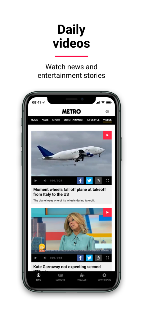 Metro: World and UK news app - メトロニュースアプリがスマートフォンの画面で毎日のビデオとバイラルニュースストーリーのフィードを表示しています。
