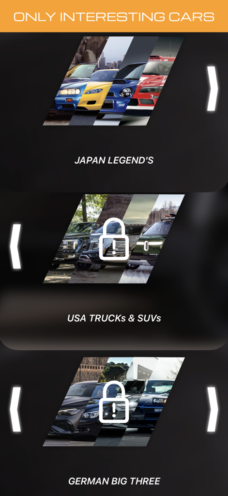 Petrolhead: Car Quiz - Category selection screen in the Petrolhead Car Quiz app featuring Japan Legends USA Trucks and German cars
