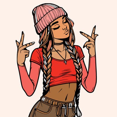 realistic teenage girl with braids and a beanie and crop top doing 🫶🏼