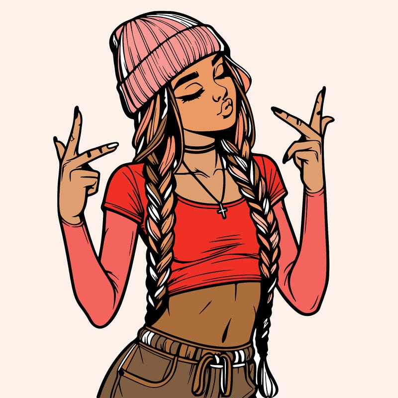 realistic teenage girl with braids and a beanie and crop top doing 🫶🏼