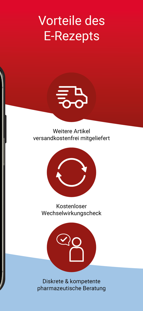Mediherz App-Bildschirm mit Vorteilen von E-Rezepten wie kostenlosem Versand und pharmazeutischer Beratung