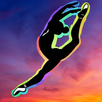 gymnast doing a leap in a leotard with a bent back leg