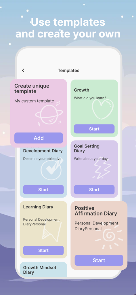 My Diary with password & lock - My Diaryアプリのインターフェース。成長、目標設定、ポジティブなアファメーションのためのジャーナルテンプレートを表示。