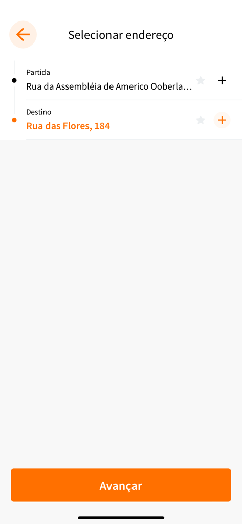ItaCar - Passageiro - Schermata dell'app ItaCar per la selezione degli indirizzi di partenza e destinazione con un pulsante di azione arancione