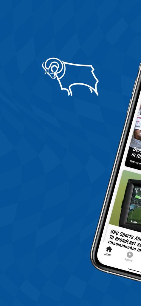Derby County FC - La app oficial del Derby County FC mostrando el logo blanco del carnero sobre un fondo azul con un feed de noticias