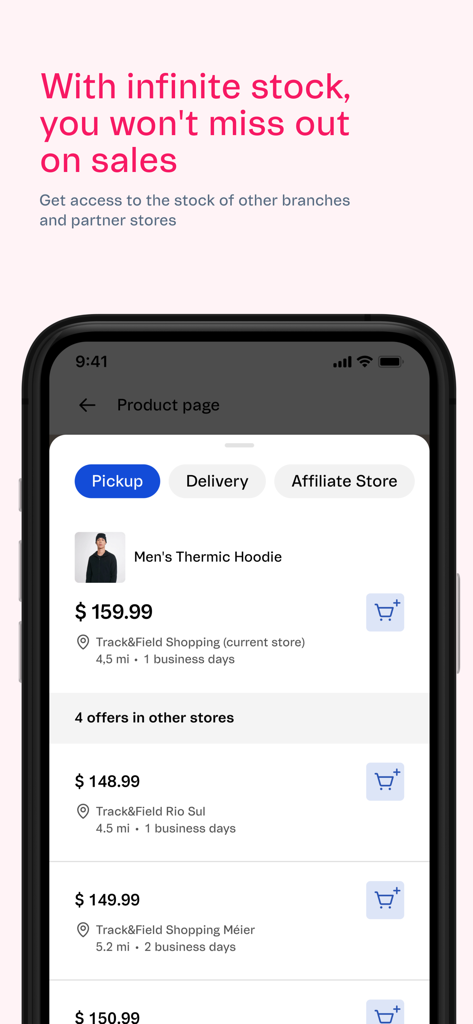 VTEX Sales App - Interface do VTEX Sales App mostrando a disponibilidade de estoque de produtos em vários locais de lojas de varejo