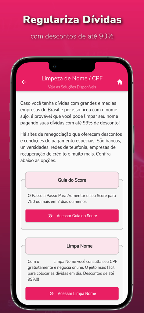App screen showing options for Brazilian debt regularization and credit score improvement services.