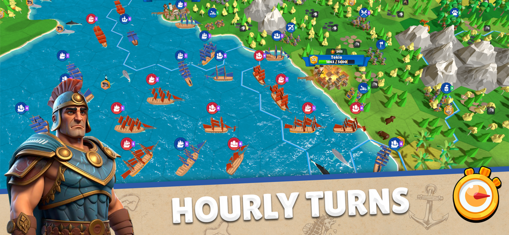 Domination Dynasty: Turn-Based - Captura de pantalla del juego de Domination Dynasty que muestra flotas navales en un mapa de hexágonos con el texto "turnos horarios"