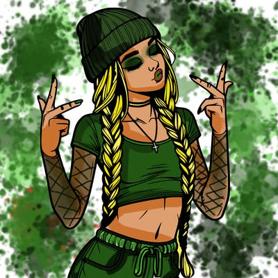 realistic teenage girl with braids and a beanie and crop top doing 🫶🏼
