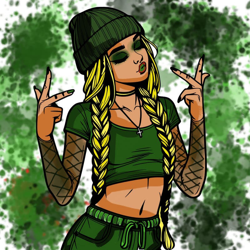 realistic teenage girl with braids and a beanie and crop top doing 🫶🏼
