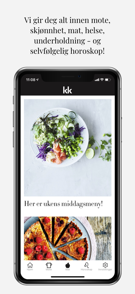 KK mote, helse, mat, horoskop - Interface do aplicativo de estilo de vida KK mostrando receitas de jantar saudáveis