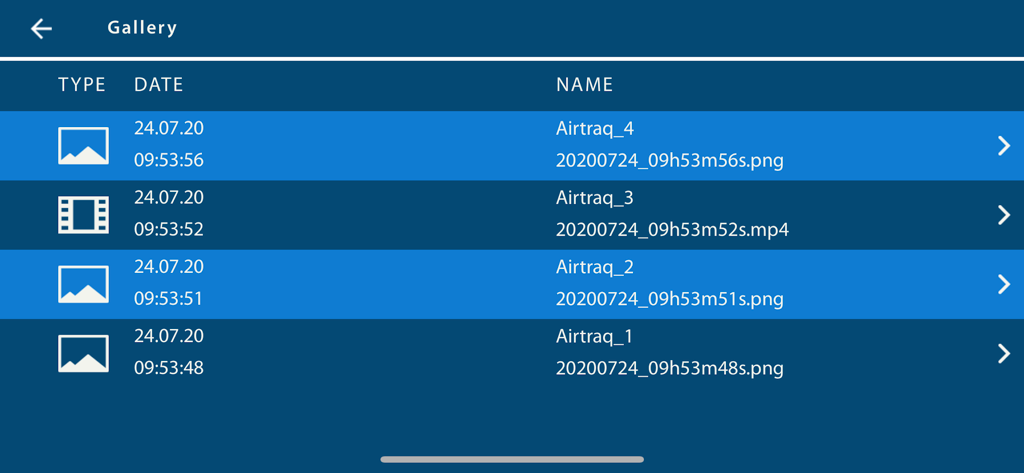 AIRTRAQ CAM - AIRTRAQ CAM app gallery screen showing a list of recorded medical videos and snapshots with dates and timestamps