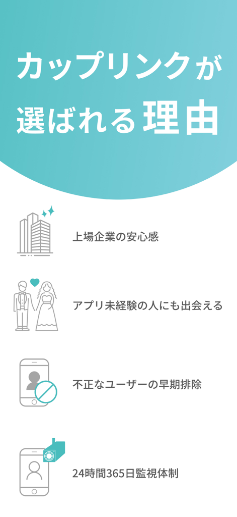 マッチングアプリ CoupLink-婚活・出会い-婚活アプリ - Aperçu des fonctionnalités de sécurité de l'application CoupLink, y compris la surveillance 24h/24 et 7j/7 et la prévention de la fraude.