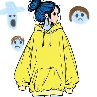 realistic girl with a oversized sweatshirt on and a bun