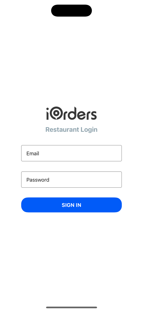 iOrders Restaurant Admin - Login screen for iOrders Restaurant Admin app with email and password fields.