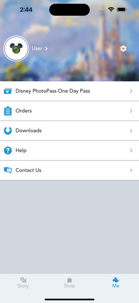 User profile and account settings screen in the Disney PhotoPass mobile app