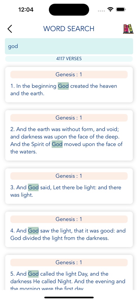 Holy Bible - Offline - A word search screen in the Holy Bible Offline app showing verses from Genesis containing the word God