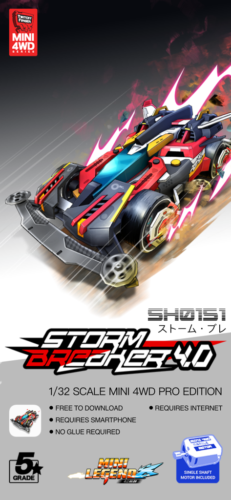 A red and white Storm Breaker 4.0 model car illustration for the Mini Legend 4WD Racing Sim app.