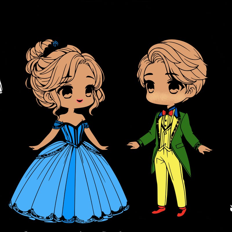 create a charming scene featuring cinderella and the prince happily gazing at each other under a sky full of stars. the image is in a cute chibi style, designed in black-and-white for easy coloring by children