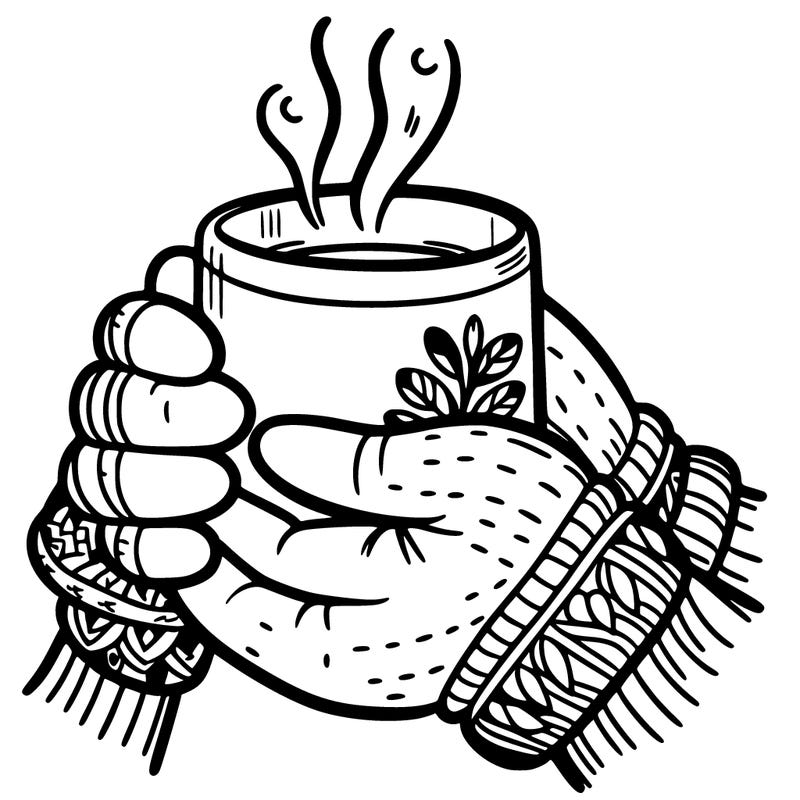 close-up of a girl's mittened hands holding a steaming mug