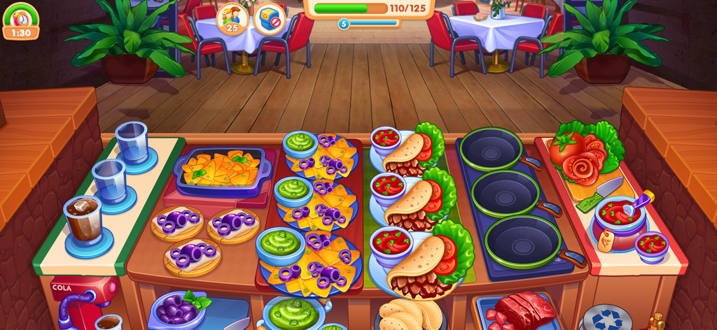 Cooking Star: American Food - Gameplay screenshot of Cooking Star American Food showing a kitchen counter with freshly prepared tacos nachos and drinks in a Mexican themed restaurant