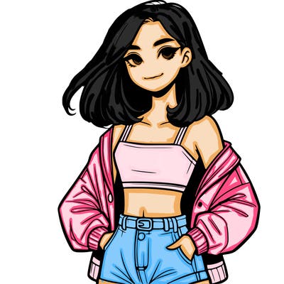a realistic girl with a crop top and short shorts in an open jacket